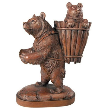 Sculpture Lodge Trudging Mama Bear With Cub in the Back Pack Chestnut