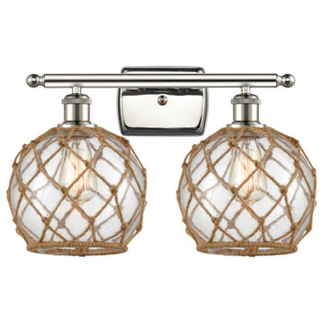 Farmhouse 2-Light Bath Vanity-Light, Nickel, Clear Glass With Brown Rope