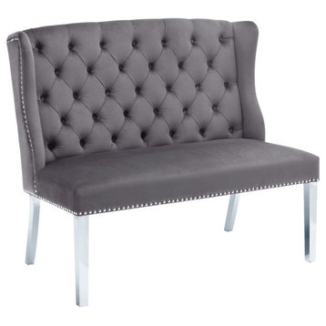 Suri Velvet Upholstered Settee Bench, Gray