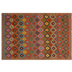 Bareens Designer Rugs - Eclectic Turkish Kilim Salmon Hand-Woven Wool Rug - 5'0'' x 6'4'' - Elevate the elegance of your home with this stunning hand-woven tribal Kilim wool rug. Meticulously crafted on a loom by the Nomad Turkman people using hand-spun wool and 100% natural vegetable dyes, these rugs are recognized for their repetitive geometric patterns, incorporating naturalistic floral and traditional designs. The contemporary fashion palette results in bold, sharp patterns that are incredibly versatile, as the pattern is the same on both sides. These reversible rugs feature a lighter shade on one side and brighter colors on the other, providing versatility according to preference. These unique rugs are made by knotting short strands of different colors onto the warps and securing them by tightly pressing the wefts. The designs are created by interweaving the various colored wefts and warps. Kilims are known for their exceptional durability and versatility, making them truly unique rugs.  Product Details    Rug Size: 5'0'' x 6'4''  Material: 100% Wool  Style: Kilim, Flat Weave, Dhurrie, Turkish, Southwestern, Rustic, Tribal  Colors: Brown, Pink, Green, Blue  Weave Type: Hand-Woven, Handmade  Pile Height: Less than 0.25 inch
