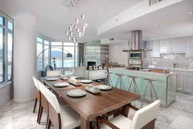 Example of a trendy great room design in Vancouver with white walls