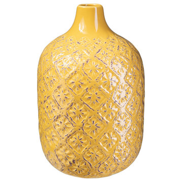 Ceramic Vase in Narrow Mouth, Diamond Pattern Design Gloss Yellow Finish, Large