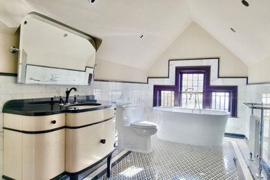 Inspiration for a huge 1960s master white tile and marble tile porcelain tile, blue floor, single-sink and vaulted ceiling bathroom remodel in Dallas with beige cabinets, a one-piece toilet, beige walls, an undermount sink, onyx countertops, black countertops and a freestanding vanity