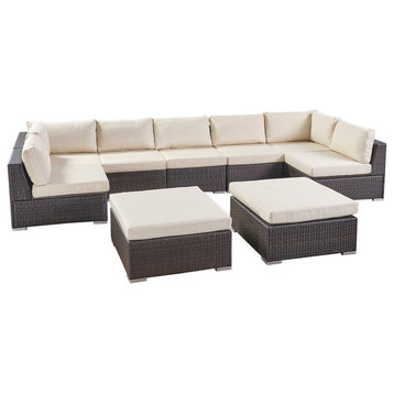 GDF Studio Tom Rosa Outdoor 7 Seater Wicker Sectional Set With Beige Cushions