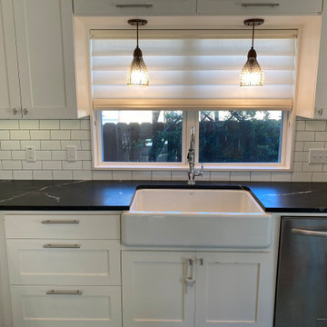 KITHEN BACKSPLASH - 3" x 6" Subway, Dark Gray Grout, Soap Stone Countertop