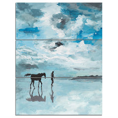 Design Art Man and Horse Running on Water - 3 Piece Painting Print on Wrapped Canvas Set, Blue