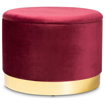 Bowery Hill Red Velvet Upholstered Gold Finished Storage Ottoman