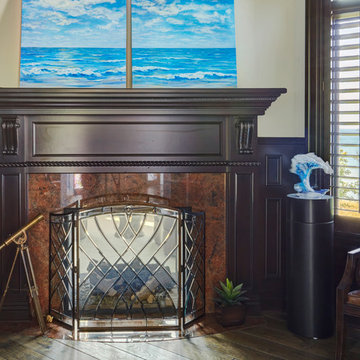 Dark Wood Two-Sided Fireplace with Leaded Glass Fireplace Screen
