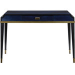 Currey and Company - Kallista Writing Desk - Dark Sapphire, Caviar Black, Antique Brass - Hello gorgeous is what everyone will be saying to the Kallista Writing Desk with its amped-up personality! The beauty of this piece has to do with the mix of dark sapphire and glossy caviar black finishes, which enliven the sycamore veneers, the woodgrain bringing the cabinet a hint of distressing. This is juxtaposed against the sleek lines of the piece that is made even more tailored by the antique brass detailing. The door pull echoes the lines in the woodgrain, a slight-of-hand our designers are so adept at producing. Design details include soft-close door hinges. We have a number of pieces in the Kallista family of products.