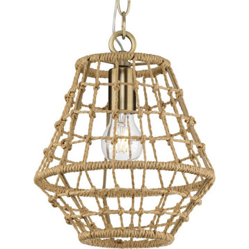 Laila Collection One-Light Vintage Brass Coastal Pendant With Woven Jute Accent