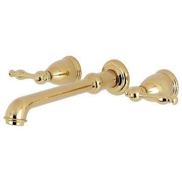 Wall Mounted Tub Faucet, Large Spout With Widespread Levers, Polished Brass