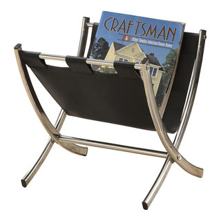 Magazine Rack - Black Leather-Look, Chrome Metal - Contemporary ...