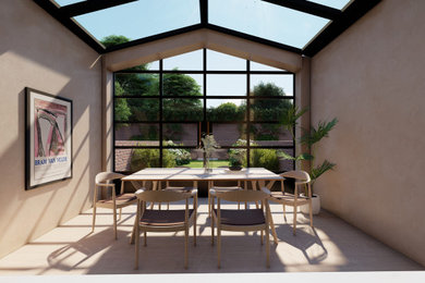 Photo of a medium sized contemporary conservatory in London with limestone flooring, a skylight and beige floors.