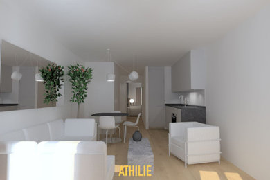 Aménagement d'un salon contemporain de taille moyenne et ouvert avec un mur blanc et parquet clair.