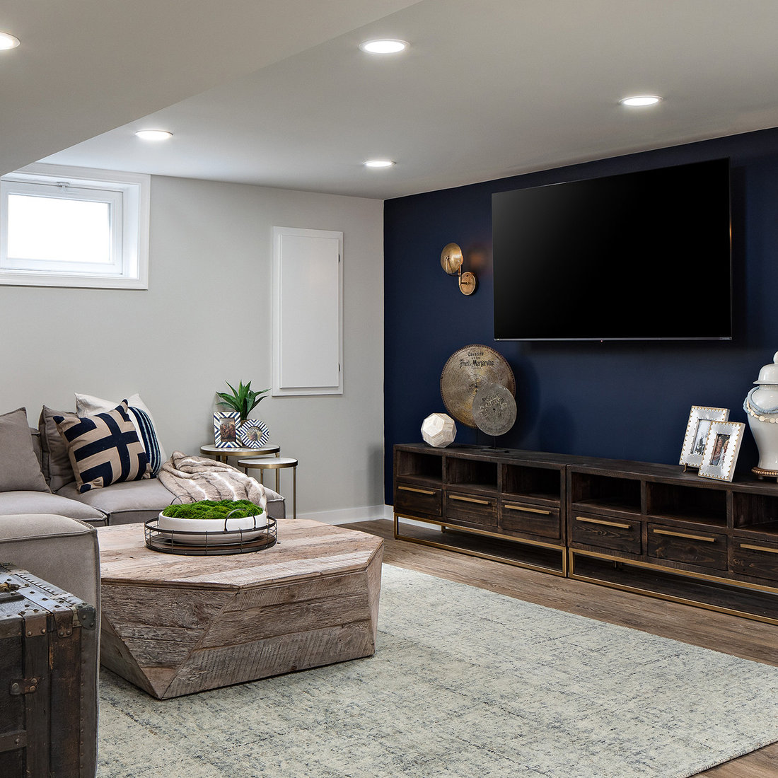 Retro Record Player Basement with Blue Accent Wall