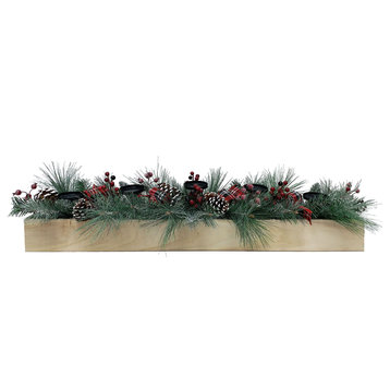 42" 5-Candle Holder Centerpiece, Frosted Pine Branches, Bows, Pinecones