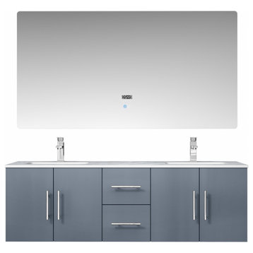 60" Double Bathroom Vanity With Sink, Gray, White Marble, Wall Mount