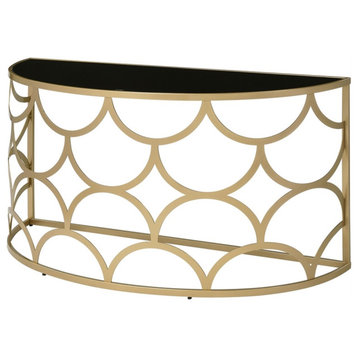Bowery Hill Half Moon Glass Top Console Table with Metal Base in Gold