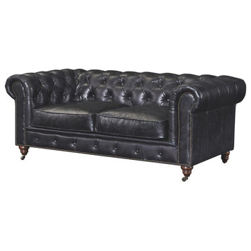 Top Grain Leather Chesterfield Love Seat, Slate