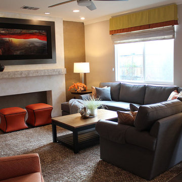 Modern Family Room in Orange and Gray.