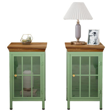 Set of 2 Nightstand, Storage Cabinet With Windowpane Glass Door, Mint Green