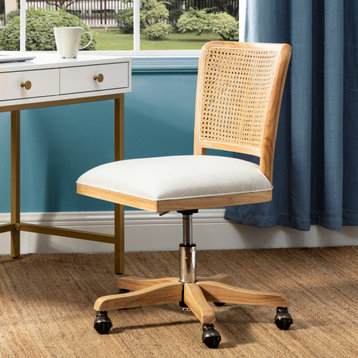 Swivel Upholstered Task Chair With Rattan Back, Linen