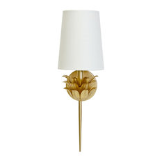 1-Arm Sconce With 3-Layer Leaf Motif and White Linen Shade, Gold