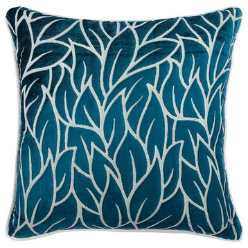 Leaf Teal Blue Burnout Velvet 18"x18" Pillow Cover, Teal Blue Spruce
