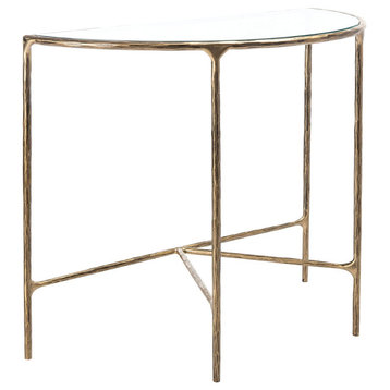 Unique Console Table, Sleek Metal Base With Semi Circle Glass Top, Brass/Clear
