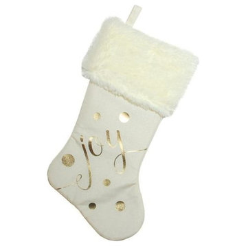 19" Ivory White Gold Foil "Joy" Christmas Stocking With White Faux Fur Cuff