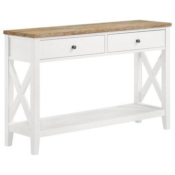 Rectangular Console Table, Crossed Sides With Drawers & Round Knobs, White/Brown