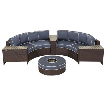Mia Outdoor 4-Seater Wicker Curved Sectional Set With Wedge Tables, Navy, Ice Bucket Ottoman