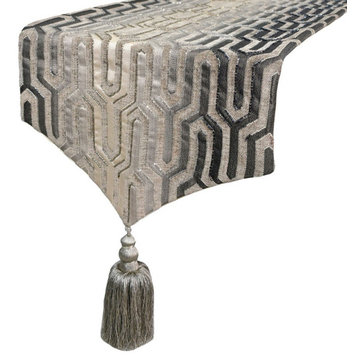 Decorative Table Runner Grey Jacquard 14"x120" Beadwork, Tassels - Grey Pinnacle