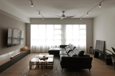 Inspiration for a modern vinyl floor and brown floor living room remodel in Singapore with white walls