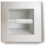 Timber Tree Cabinets - Tampa Recessed Solid Wood Toilet Paper Holder 7 x 8.5, White Enamel - Handcrafted by artisans right here in Sarasota, FL. Recesses in the wall to get that toilet paper roll out of your way and free up much-needed space! Must have standard 2 x 4 walls. Holds any size roll on the market with room to spare. Includes white plastic spring-loaded toilet paper roller. Installation could not be easier! Just cut the opening in the drywall and use construction adhesive on the back side of the frame and push it into the wall. Measures 7 5/8" x 7 5/8" x 3.75"d. Holder measures 4 7/8"h x 4 7/8"w inside. Your Rough opening needs to be 5.5" x 5.5" x 4"deep, so it will work to replace most chrome metal units. Frame overhangs the box by 1" all the way around. Solid pine. Bright white enamel finish.