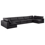 Meridian Furniture - Comfy Upholstered U-Shaped Modular Sectional, Black, 7-Piece: 5 Armless Chair, 2 Corner Chair, Vegan Leather - Give your space a whole new look with this black Comfy vegan leather sectional. This handsome sectional fits nicely with other items in the Comfy collection and is a versatile seating option designed for adaptability, comfort and style. Wrapped in rich black durable vegan leathered upholstery, this sectional offers a plush embrace of overstuffed down feather cushions, carefully crafted to deliver the highest level of comfort. The perfect seat for creating an oasis for relaxation, this sectional has thick foam surrounding its frame for added support and coziness.