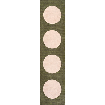 Cirkel Minimalist Geometric Dot Machine-Washable Area Rug, Olive/Cream, 2x8