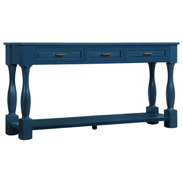 63" Farmhouse Style Wood Console Table with Three Drawers, Navy Blue