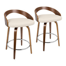Grotto Counter Stools With Swivels, Set of 2, Walnut Wood, Cream Pu, Chrome