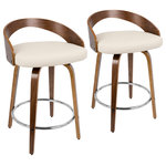 LumiSource - Grotto Counter Stools With Swivels, Set of 2, Walnut Wood, Cream Pu, Chrome - Grotto Mid-Century Modern Counter Stool with Swivel in Walnut with Cream Faux Leather by LumiSource - Set of 2