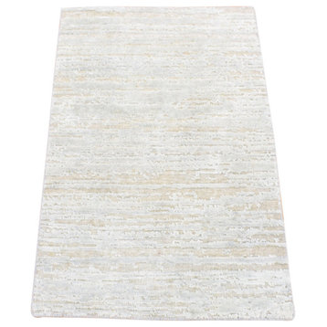 Light Beige Silk With Textured Wool Modern Design Hand Knotted Mat Rug, 2'x3'