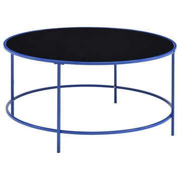 Modern Coffee Table, Metal Frame With Round Glass Top & Ring Accent Brace, Blue