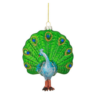 6 Blue Glittered Peacock Glass Christmas Ornament - On Sale - Bed