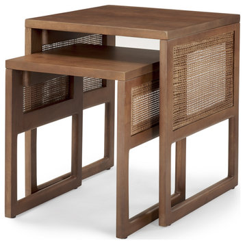 Grier Medium Brown Solid Wood & Cane Nesting Accent Tables (Set of 2)