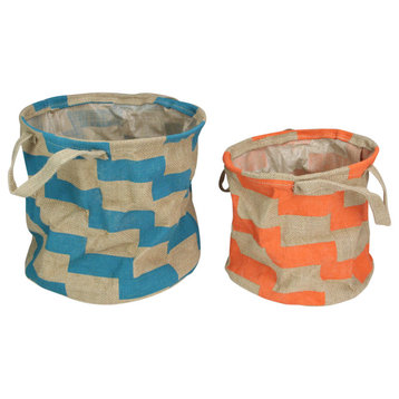 Set of 2 Orange and Teal Burlap Baskets With Handles 12"