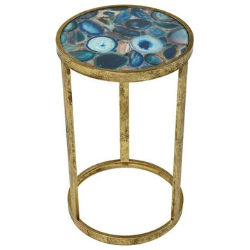 Rustic Glass Top Accent Table in Blue Agate Finish Metal Drum Base 11.75 inches