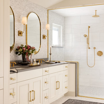Luxe White Bathroom Retreat with Brass Accents