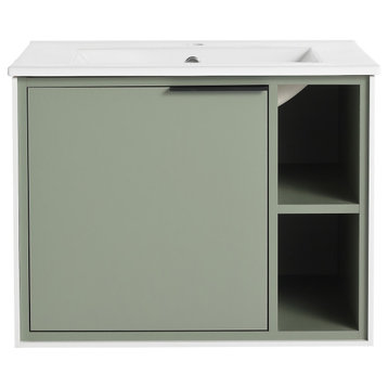 BNK Single Sink Bathroom Vanity with Soft Close Door and 2 Right Side Shelves, Green, 24 Inch