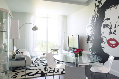 Minimalist open concept porcelain tile family room photo in Miami with a tv stand