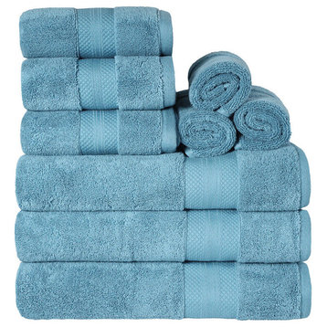 9 Piece Luxury Cotton Face Hand Bath Towel Set, Denim Blue